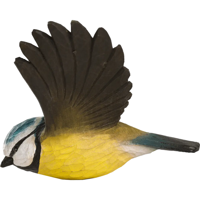 Flyvende blåmejse i træ Wildlife Garden.Blåmejsen er en lille sød fugl med blå vinger og hale og et blåt hoved og gul underside med en smal grå-sort længdestribe på bugen. Man ser den ofte på foderbrættet i haven. Her ses den i luften.