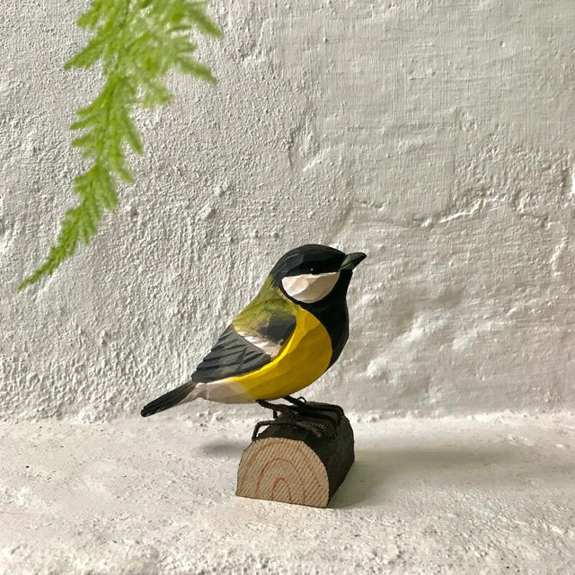 Musvit i træ Wildlife Garden.Musvitten er en mejse med hvide kinder, sort hoved og gult bryst. Det er en intelligent fugl, der er kendt for at bruge redskaber til at finde føde. Den er blandt andet blevet set bruge en pind til at få insekter ud af huller