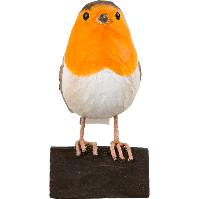 Rødkælk i træ Wildlife Garden.Rødkælken er håndskåret i træ og håndmalet med en miljøvenlig maling. Fuglene er små kunstværker, som i samarbejde med en ornitolog, er snittet i omtrentlig naturlig størrelse.