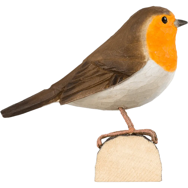 Rødkælk i træ Wildlife Garden.Rødkælken er håndskåret i træ og håndmalet med en miljøvenlig maling. Fuglene er små kunstværker, som i samarbejde med en ornitolog, er snittet i omtrentlig naturlig størrelse.
