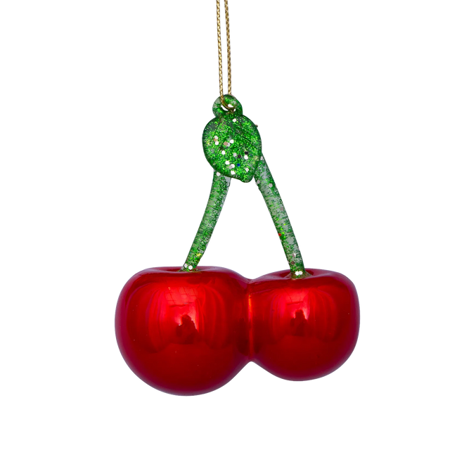 Glasornament med to røde kirsebær på grønne glitterstilke i mundblæst glas, fra Vondels