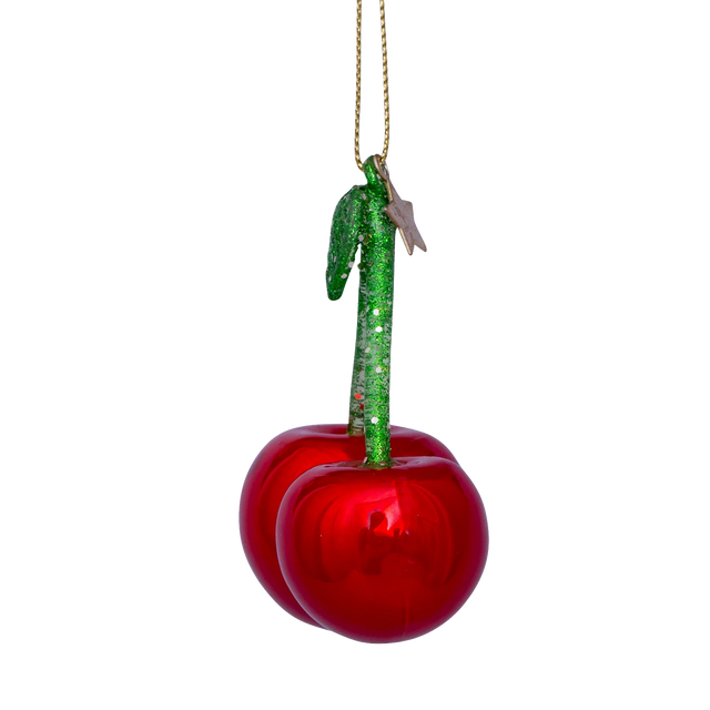 Kirsebær glasornament set fra siden, Vondels, blanke røde glaskugler med grønt glitterblad
