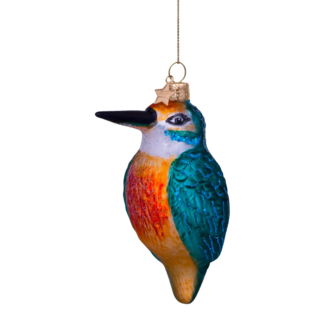 Glasornament formet som en isfugl i mundblæst glas, turkise og orange farver med blåt glitter, fra Vondels