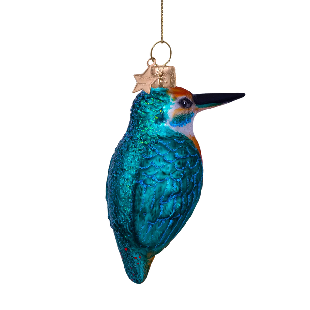 Isfugl glasornament set fra siden, Vondels, rustrødt bryst og turkis-blågrønt ryg