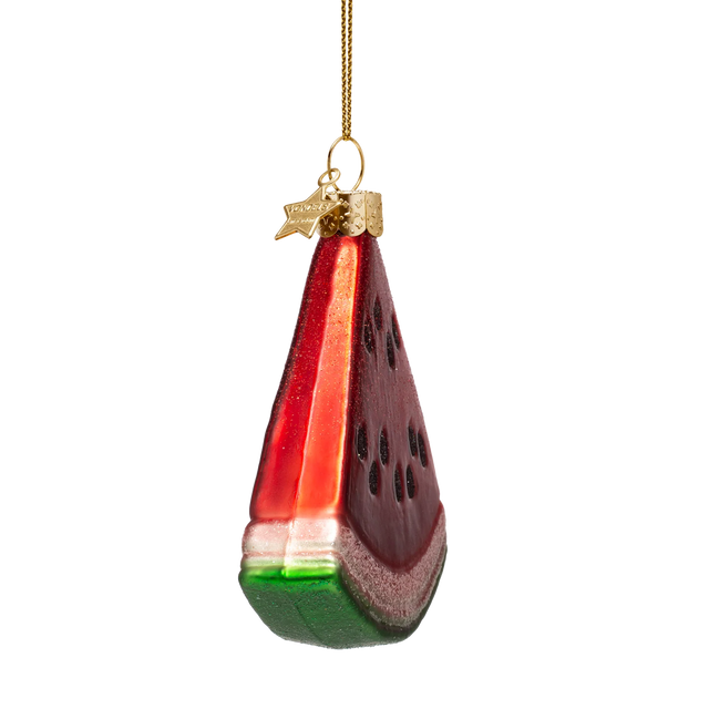 Vandmelon glasornament set fra siden, Vondels, trekantformet skive med sorte frø