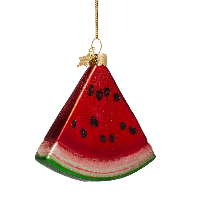 Glasornament formet som en vandmelonskive i mundblæst glas, rubinrødt glas med frøglitter og grøn skal, fra Vondels