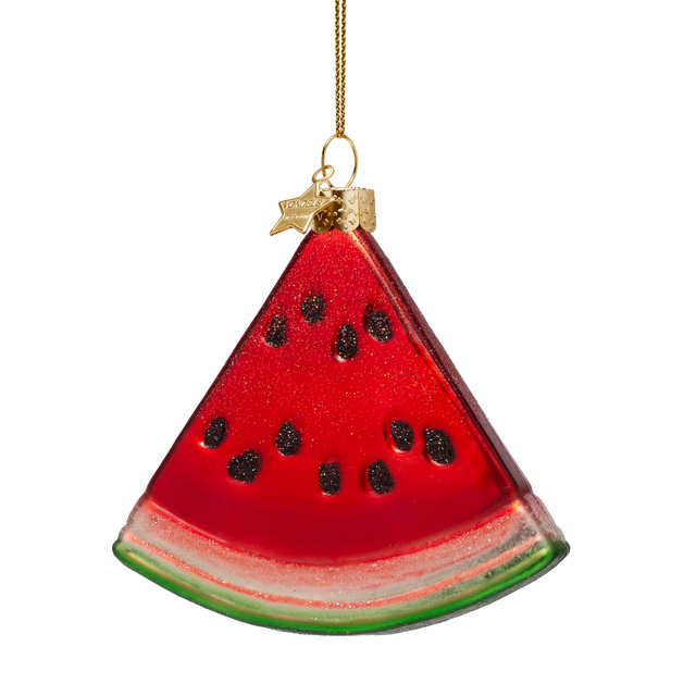 Vandmelon glasornament set bagfra, Vondels, rubinrødt glas med hvid og grøn kant
