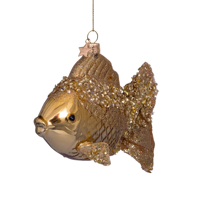 Fisk glasornament set fra siden, Vondels, champagnegulden glas med tæt glitter