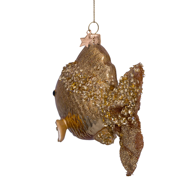 Fisk glasornament set bagfra, Vondels, glitter og krystalperler på haletud
