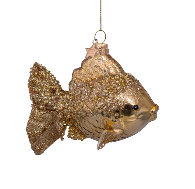 Glasornament formet som en fisk i champagnegylden glas med glitter og krystalperler, fra Vondels