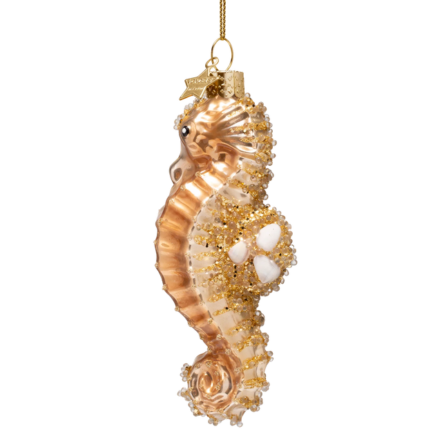 Søhest glasornament set fra siden, Vondels, gyldne toner med perlemors- og glitterdetaljer