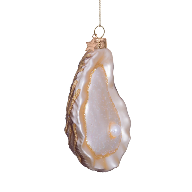 Østers med perle glasornament set fra siden, Vondels, guldhvid skal med lyserødt indre