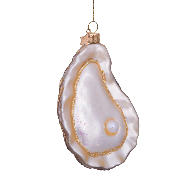 Østers med perle glasornament set ovenfra, Vondels, perlen synlig i midten