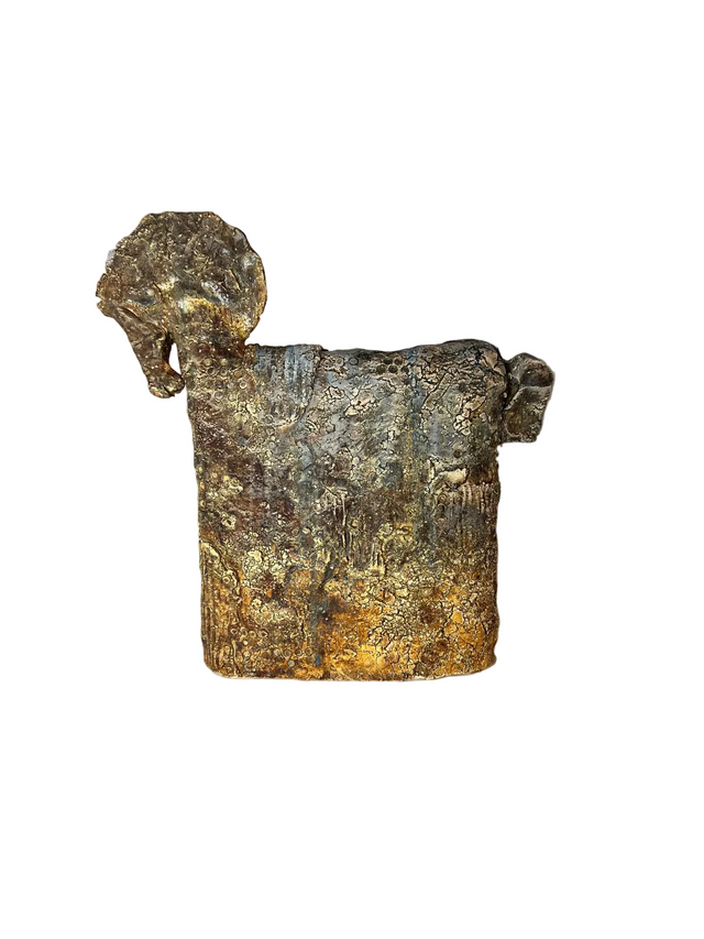 Keramik hest 04 - abstrakt hesteskulptur med grå-blå øvre del og gylden amber bund