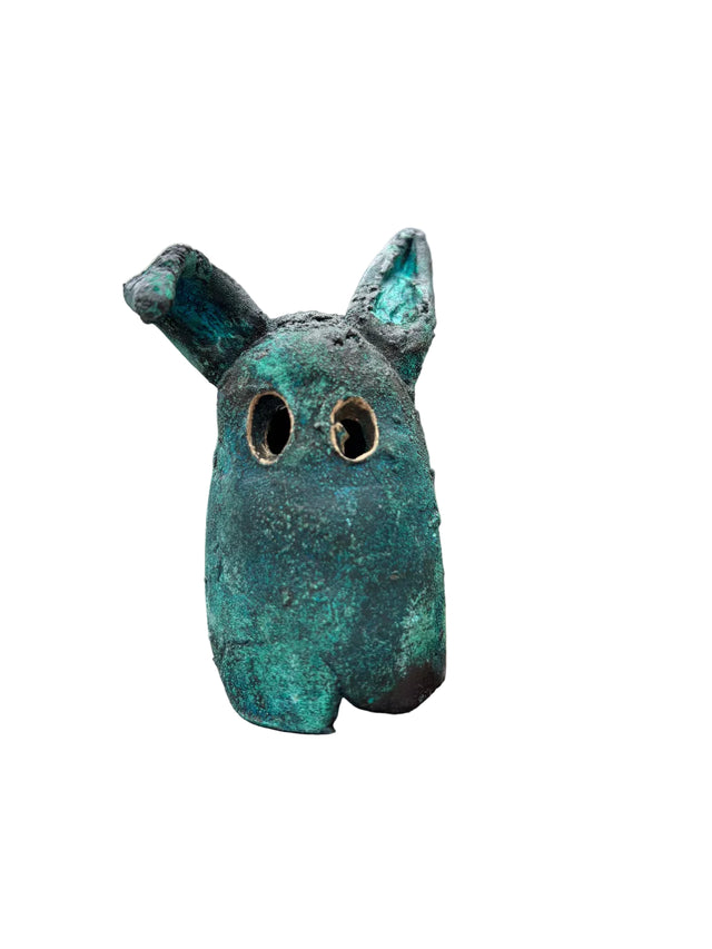 Booh 06 bronzeskulptur med to store asymmetriske orer og turkisgroen patina