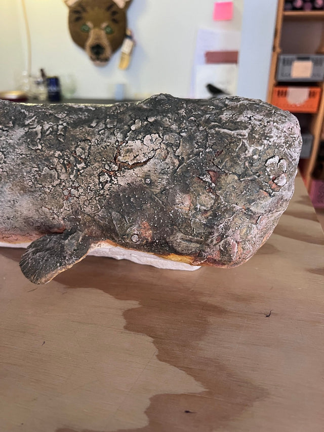 Nærbillede af kaskelothval 09 i keramik - krakeleret grafitgrå overflade