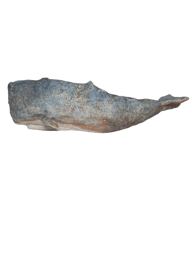 Keramik kaskelothval 02, håndlavet skulptur i blå og rust-brune nuancer, set fra siden